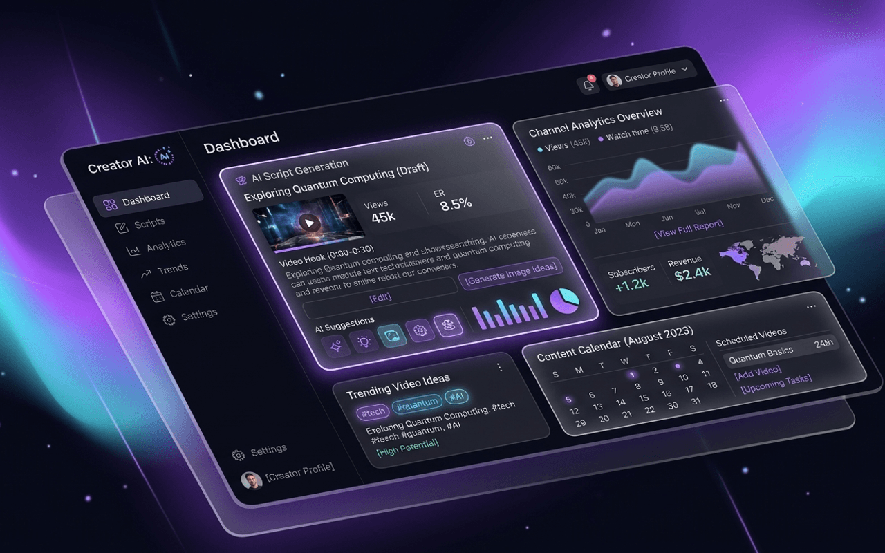 CreatorOS dashboard preview showing AI script generation, analytics, trending topics, and content calendar in a glassmorphism interface